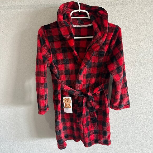 Red & Black Check Super Soft Fleece Hooded Kids Bathrobe w/ Tie Waist - Picture 2 of 5